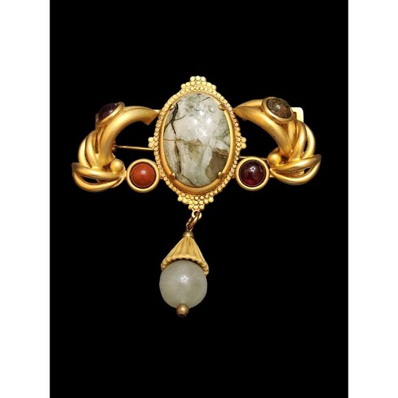 Unsigned Verified Natasha Stambouli 24kt Gold Plated Semi Precious Dangle Brooch - Picture 1 of 7